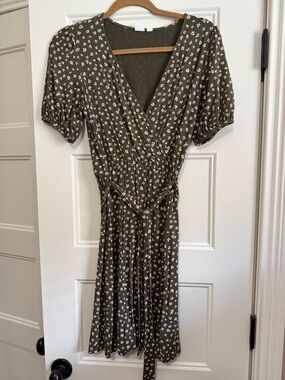 Gap Olive Green Floral Wrap Midi Dress with Tie Waist